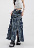 Cyber-Cargo Distressed Denim Maxi Skirt