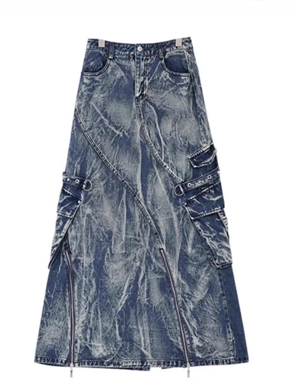 Cyber-Cargo Distressed Denim Maxi Skirt