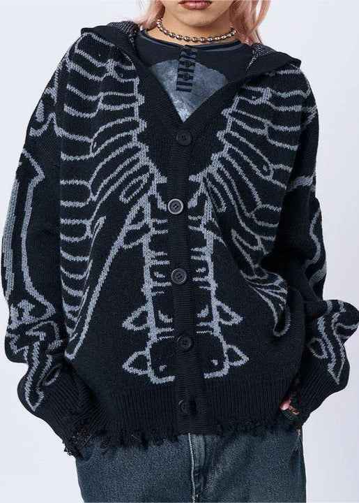 Skull Jacquard Hooded Knitted Cardigan