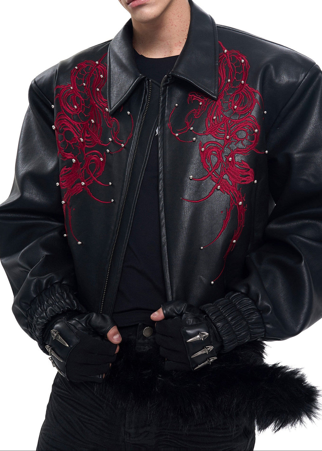 Thorn Embroidered Faux Leather Biker Jacket