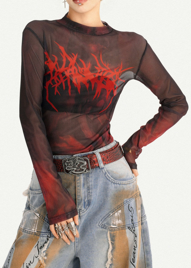 Blood-Red Death Metal Mesh Long Sleeve Top