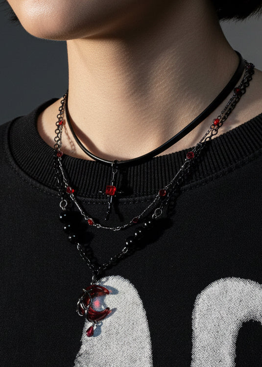 Layered Scarlet Moon & Cross Gothic Necklace