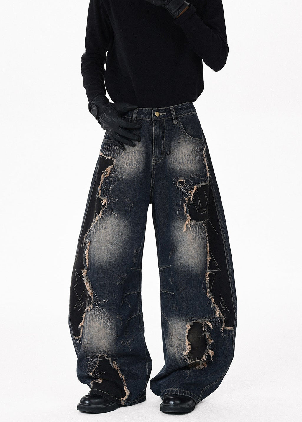 Distressed Raw-Edge Patchwork Curved Wide-Leg Jeans