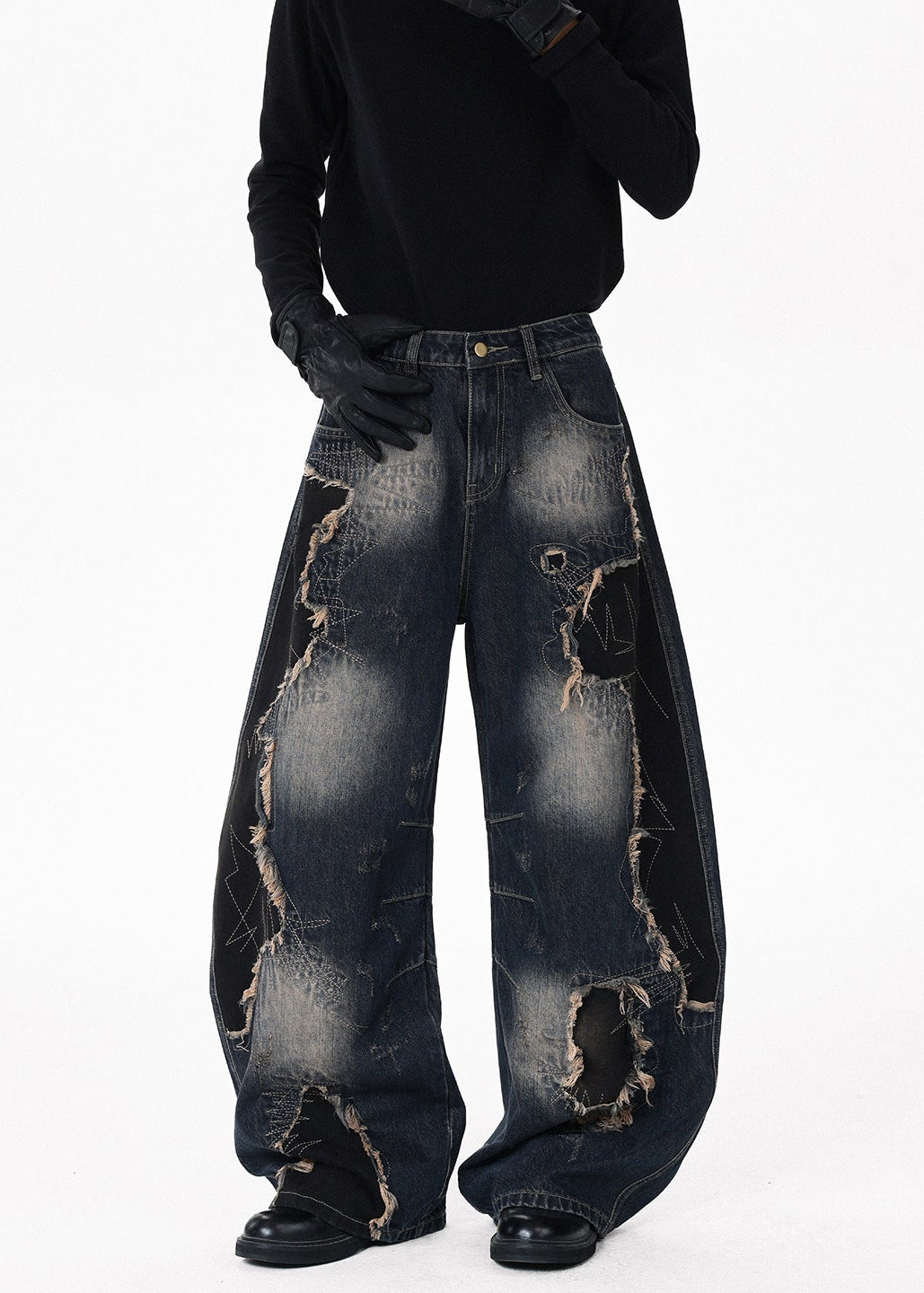 Distressed Raw-Edge Patchwork Curved Wide-Leg Jeans