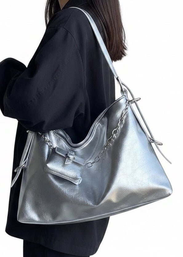 Cyber-Glitch Metallic Tote Bag | Gothic Grunge Shoulder Bag
