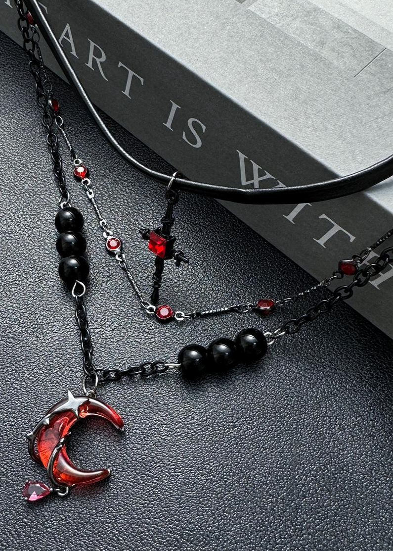 Layered Scarlet Moon & Cross Gothic Necklace