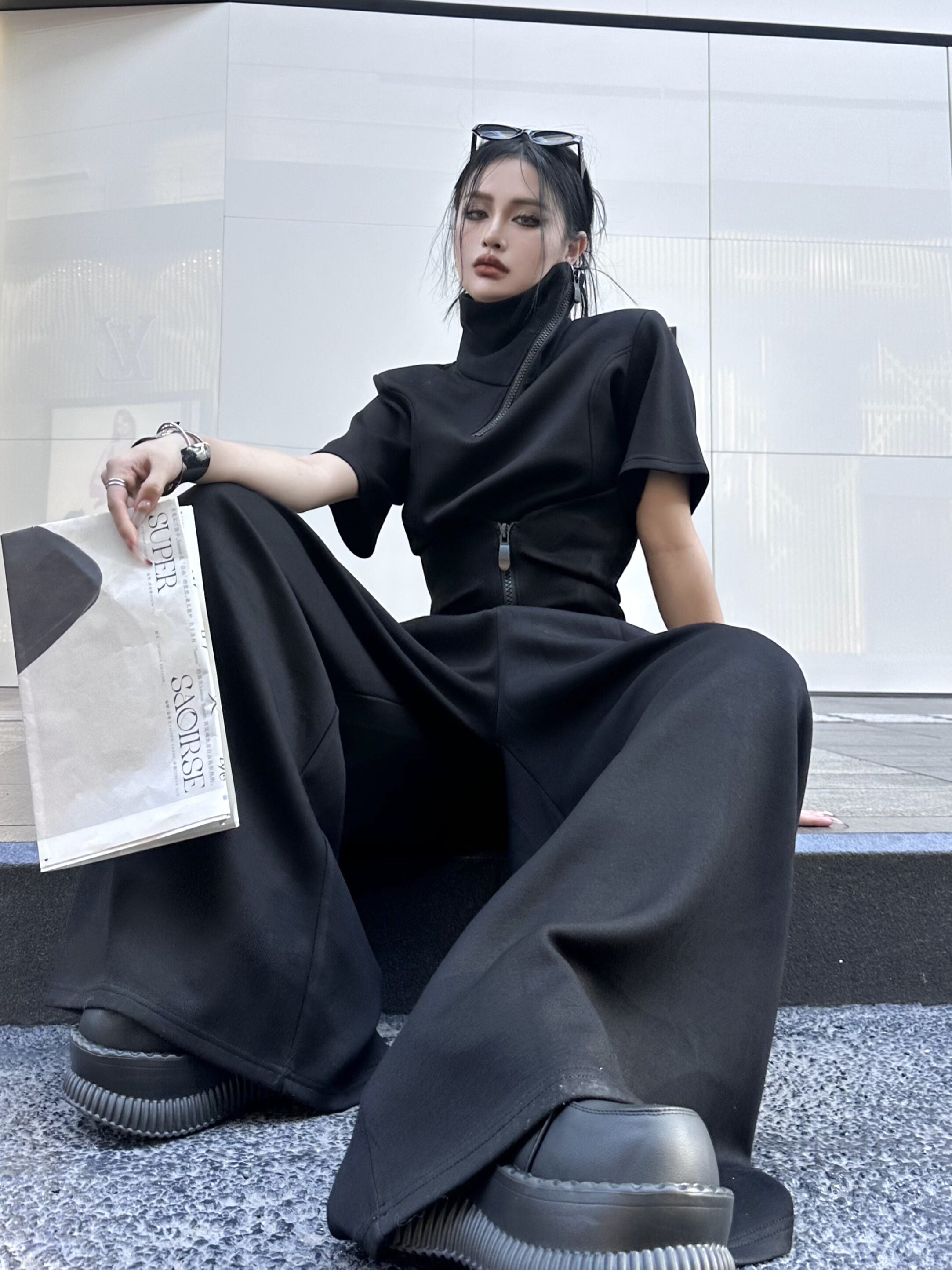 "Doomsday Edge" Cyberpunk Wide-Leg Two-Piece Set