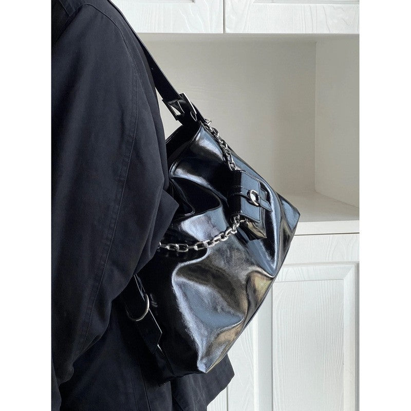 Cyber-Glitch Metallic Tote Bag | Gothic Grunge Shoulder Bag