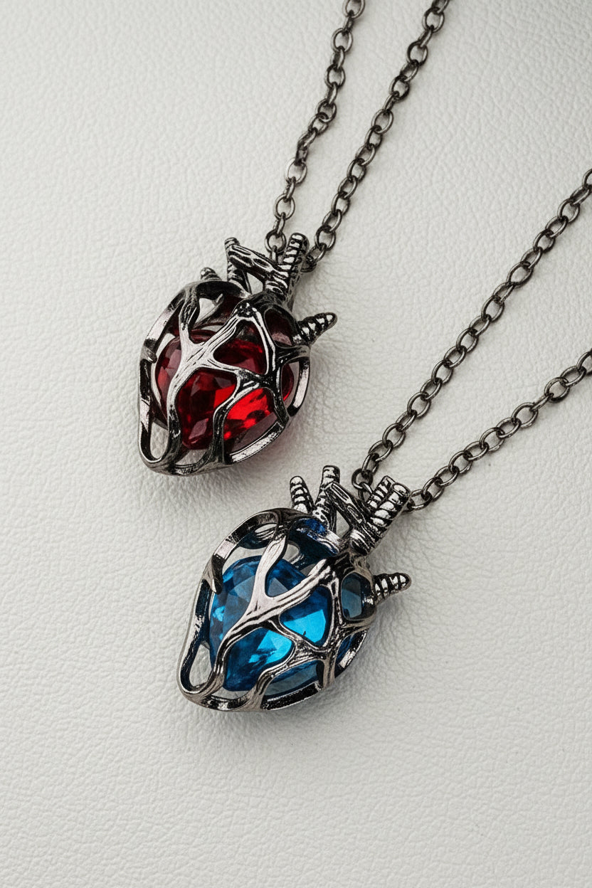 Hollow Caged Gemstone Heart Pendant Necklace