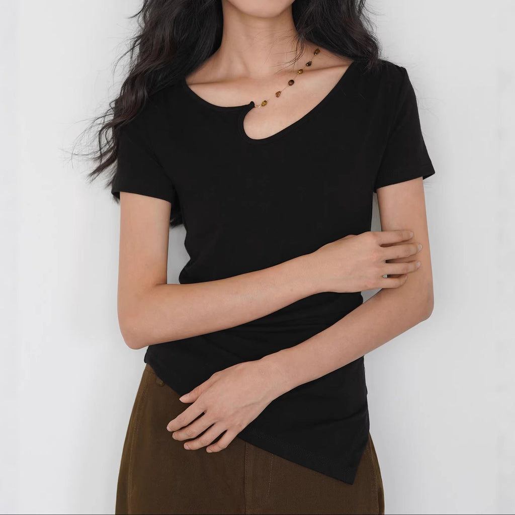 Asymmetric Neckline Knit Top with Detachable Chain