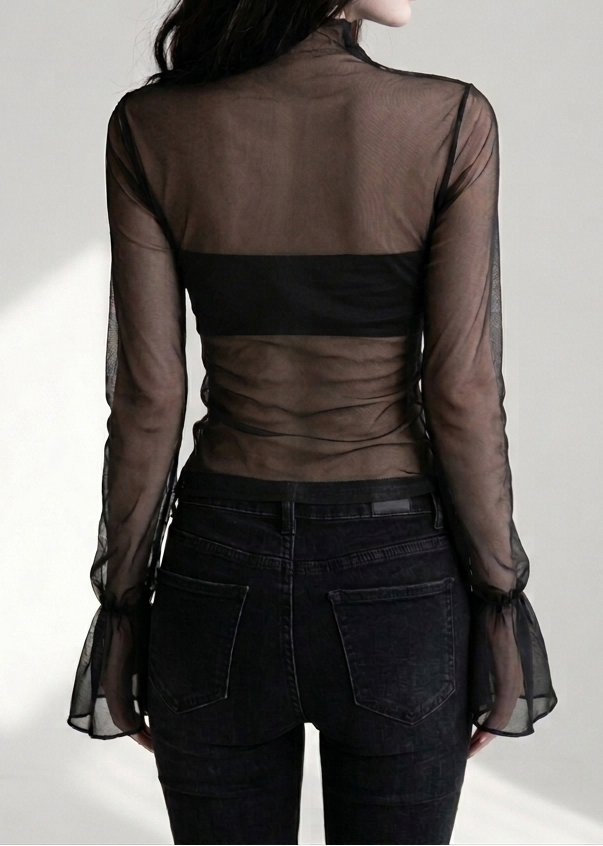 Asymmetrical Ruched Mesh Layered Crop Top