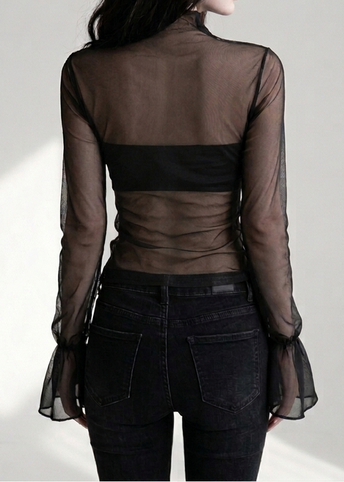 Asymmetrical Ruched Mesh Layered Crop Top