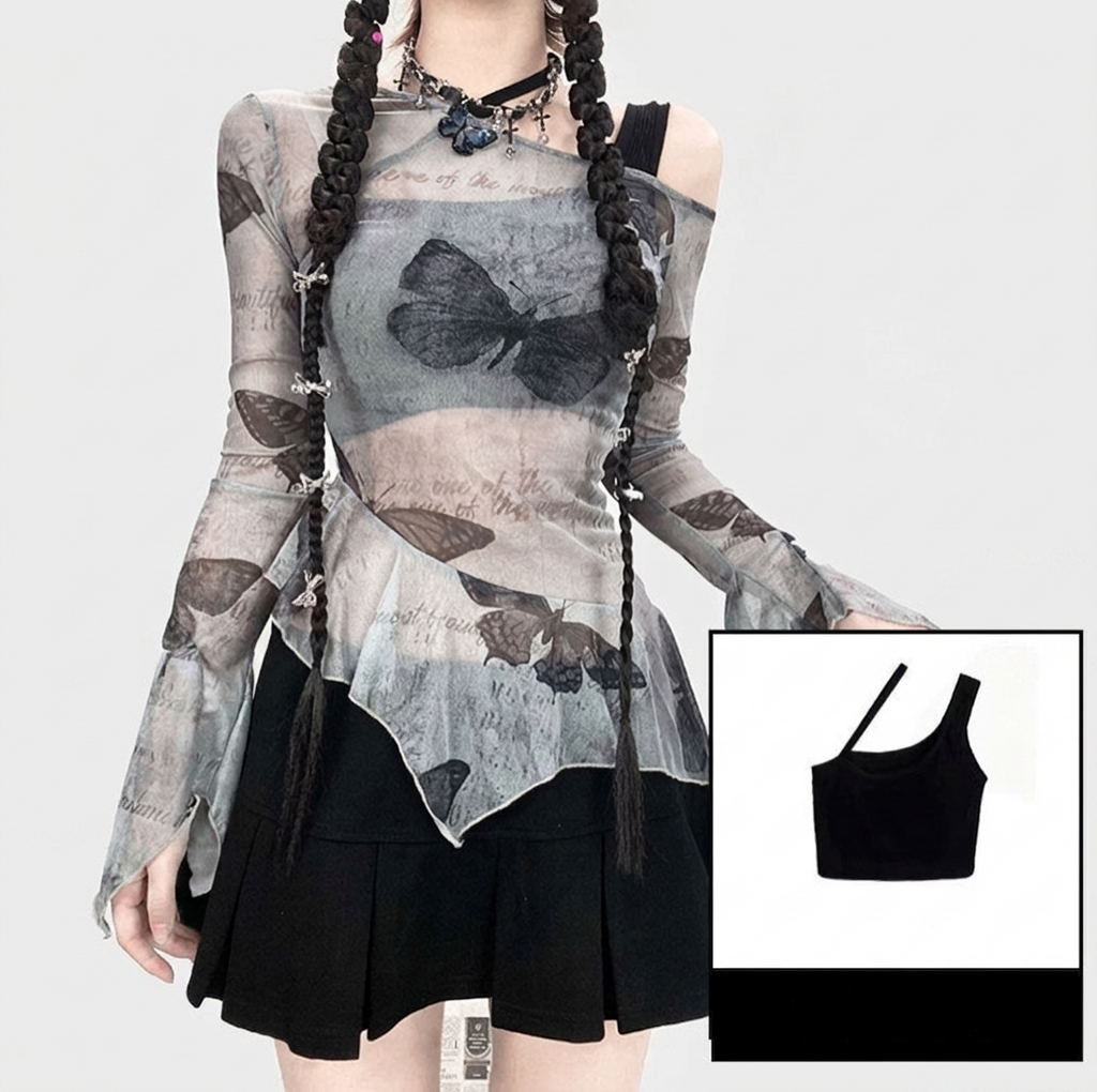 Etherial Flutter Asymmetrical Mesh Top