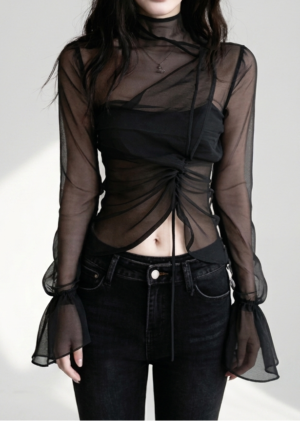 Asymmetrical Ruched Mesh Layered Crop Top