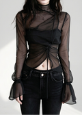 Asymmetrical Ruched Mesh Layered Crop Top