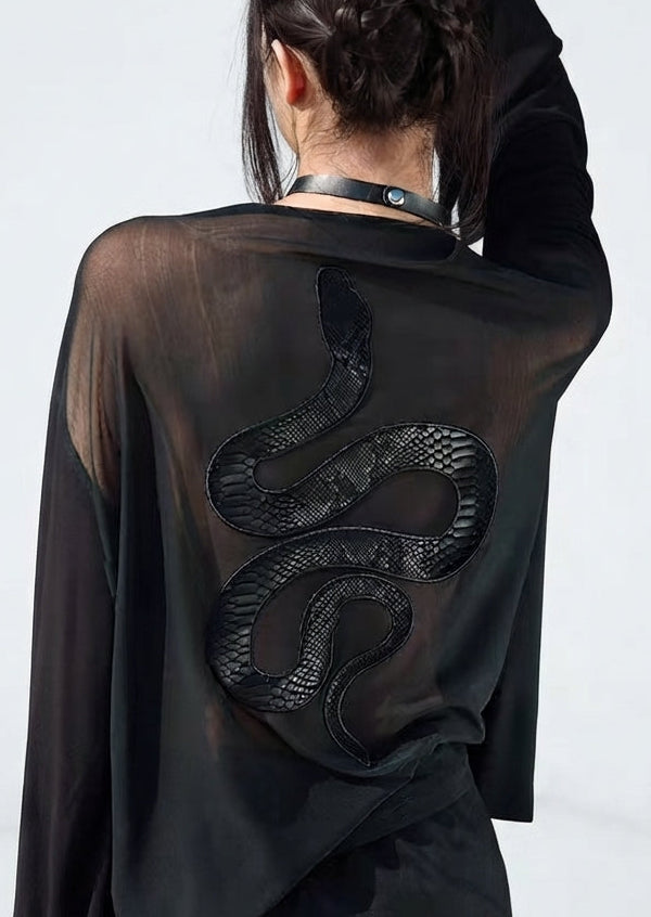 Snake Embroidered See-Through Knit Top