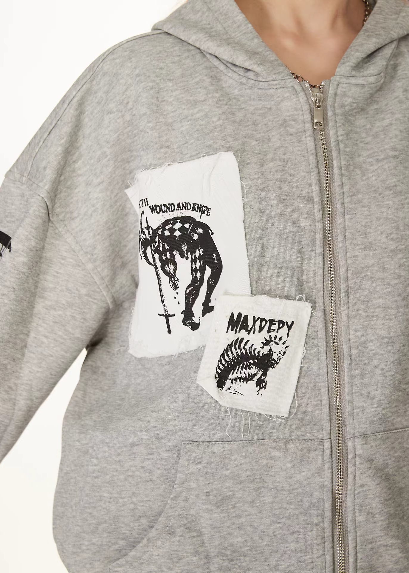 Distressed Letter Patchwork Zip-Up Hoodie