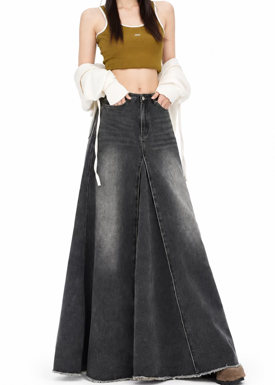 Vintage High-Waist A-Line Washed Denim Midi Skirt