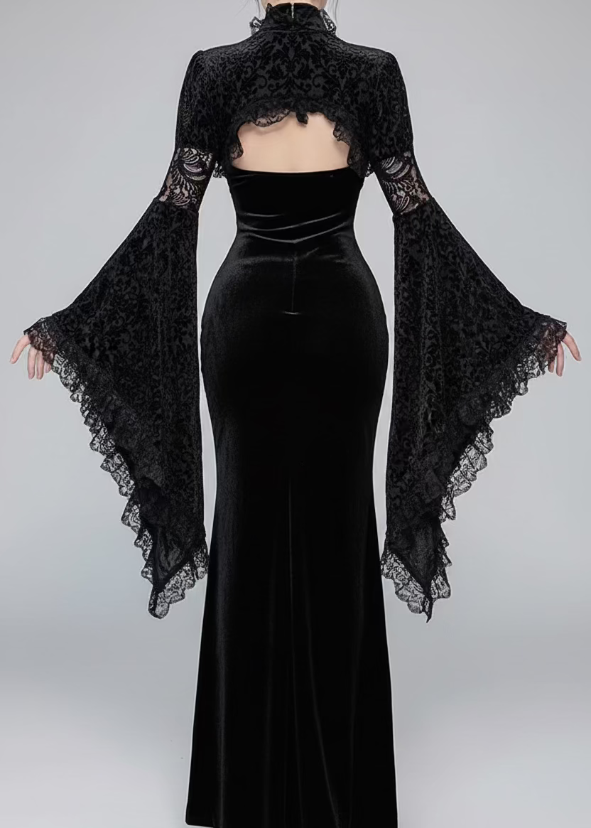 Noir Siren Qipao Maxi Dress & Lace Shrug Set