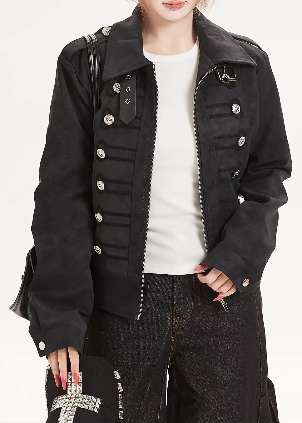 Slim Biker Double-Breasted Faux Suede Jacket