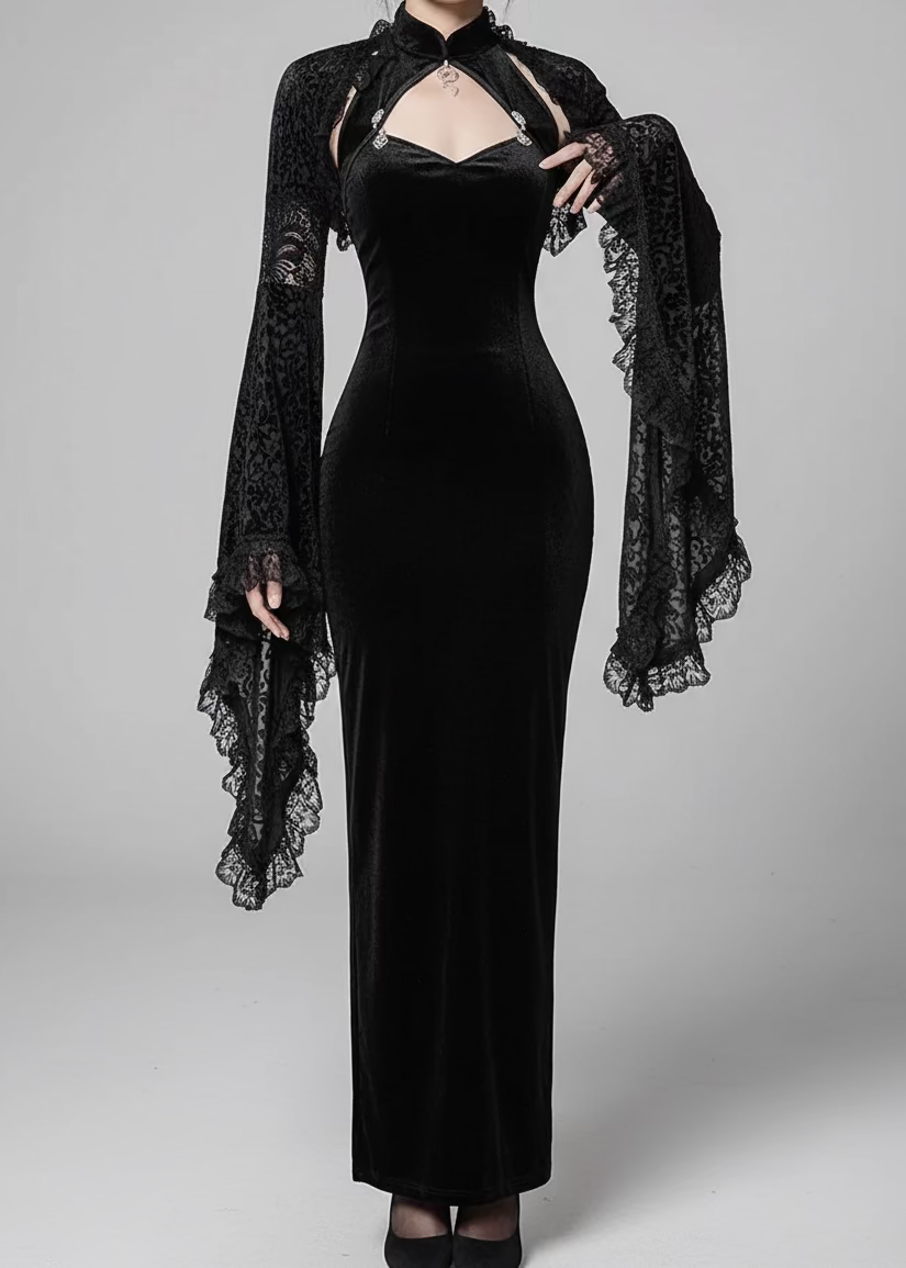 Noir Siren Qipao Maxi Dress & Lace Shrug Set