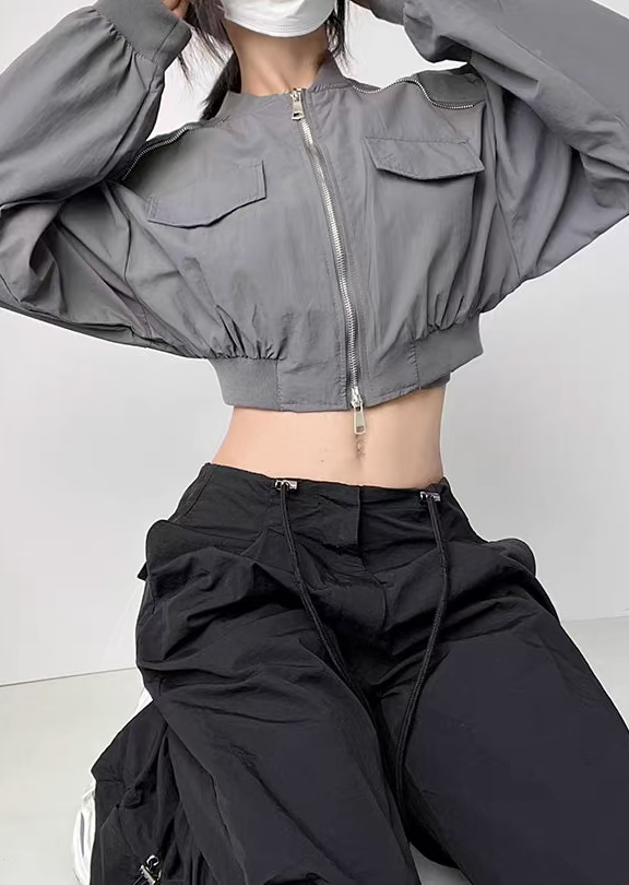 Retro Cropped Two-Way Zip Bomber Jacket