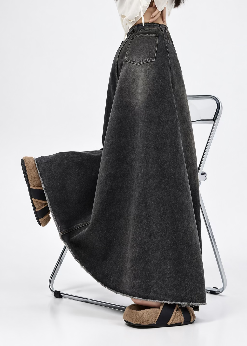 Vintage High-Waist A-Line Washed Denim Midi Skirt