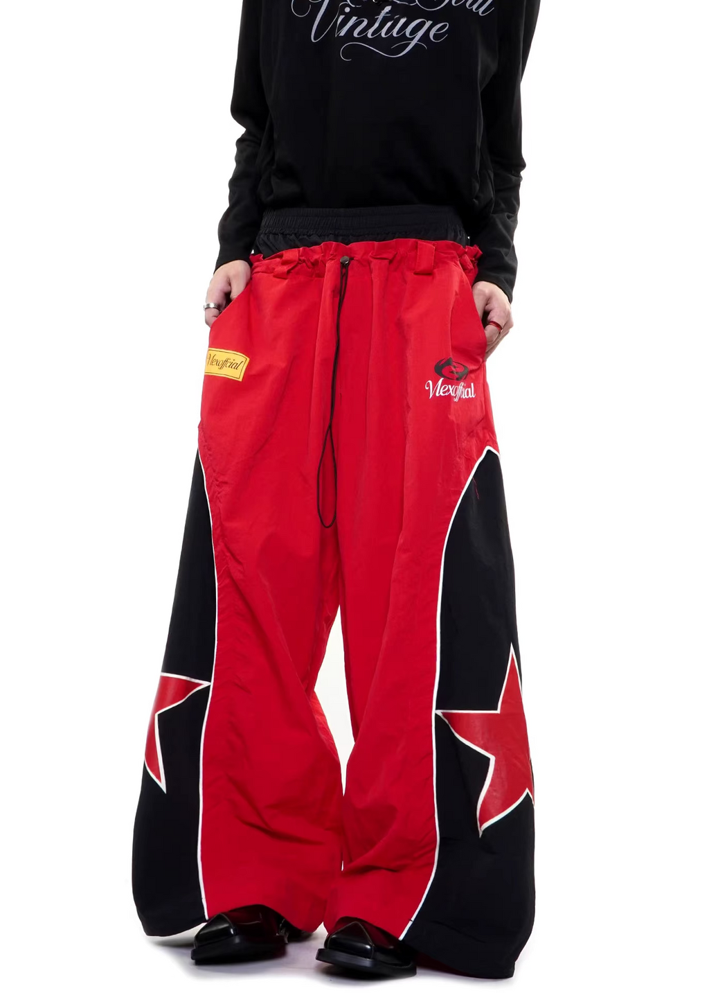 Y2K Star Patchwork Wide-Leg Parachute Cargo Pants