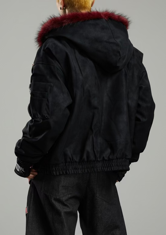 Textured Faux-Leather Puffer Jacket with Fur Collar