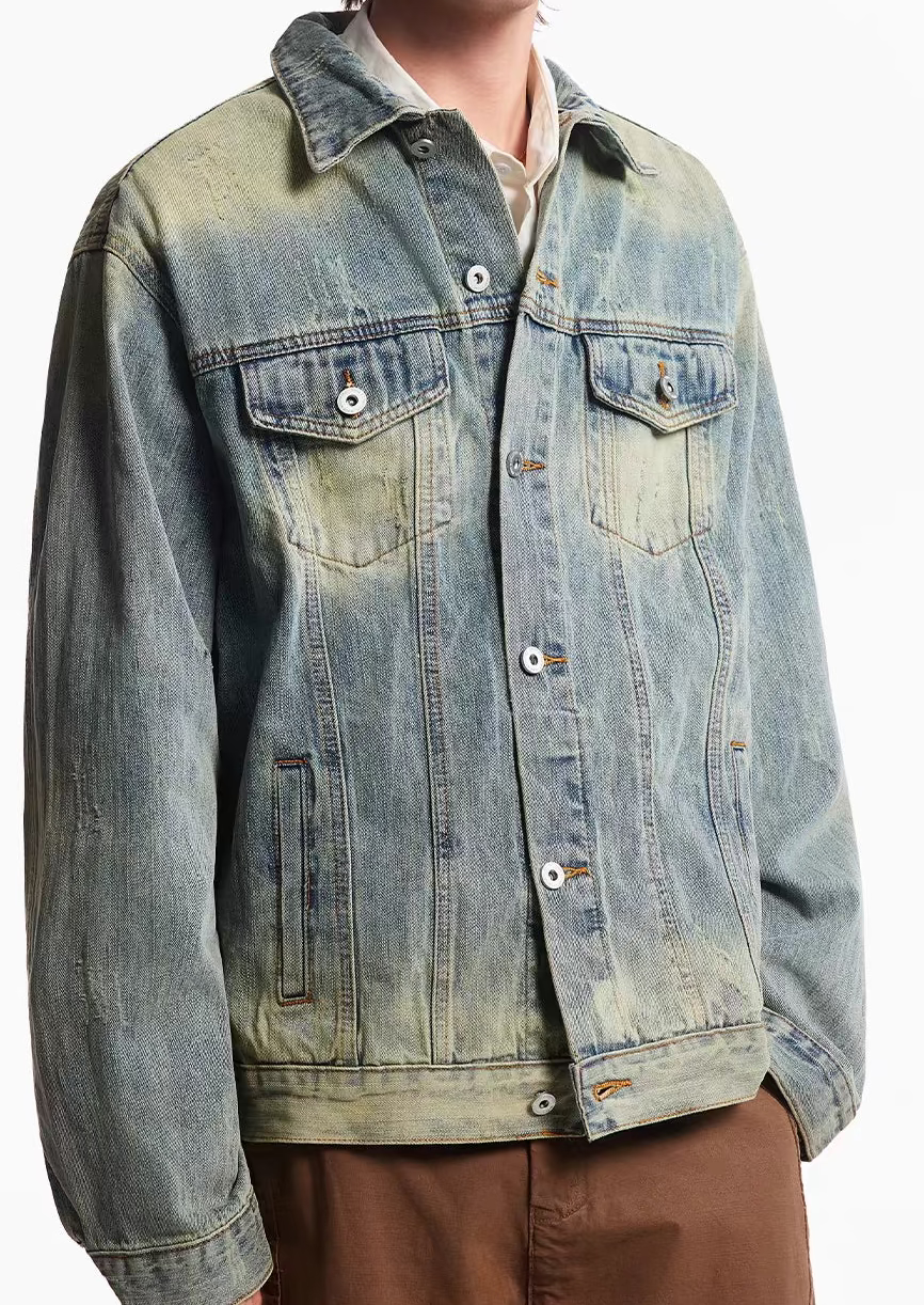 Vintage Distressed Bamboo-Pattern Zip Denim Jacket