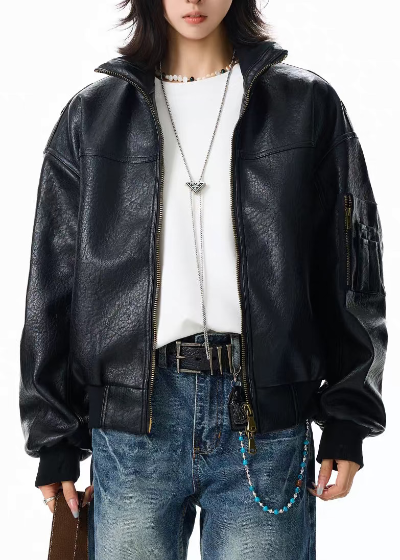 Vintage Matte PU Leather Zip Jacket