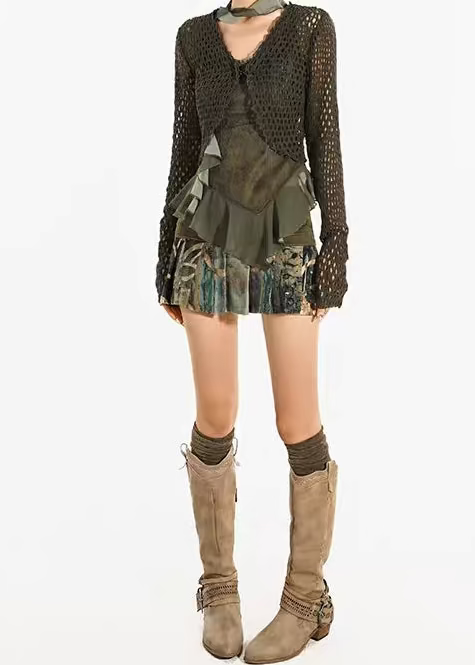 Forest Hex Open-Knit Cropped Cardigan
