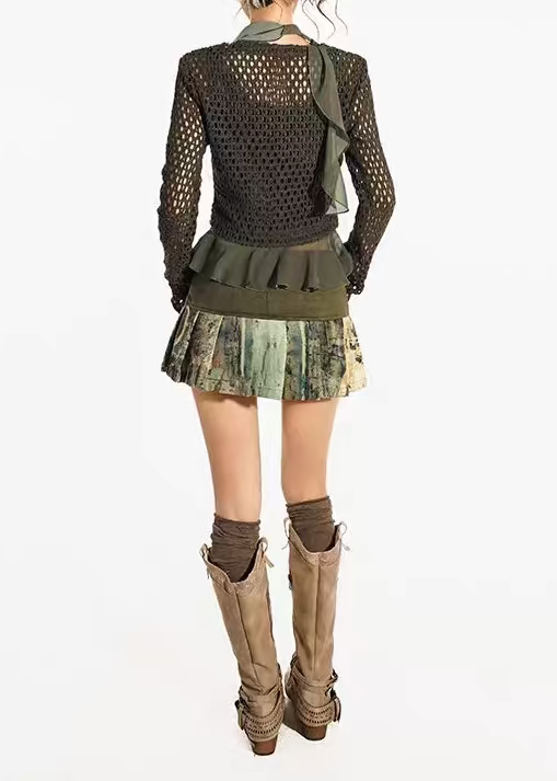 Forest Hex Open-Knit Cropped Cardigan
