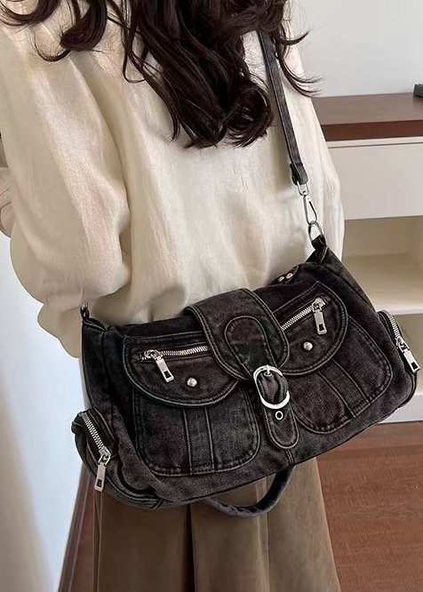 Vintage Denim Multi-Pocket Crossbody Bag