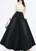 Vintage High-Waist A-Line Washed Denim Midi Skirt