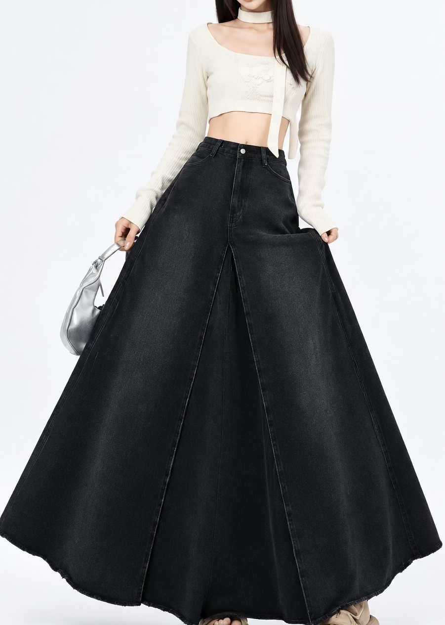 Vintage High-Waist A-Line Washed Denim Midi Skirt