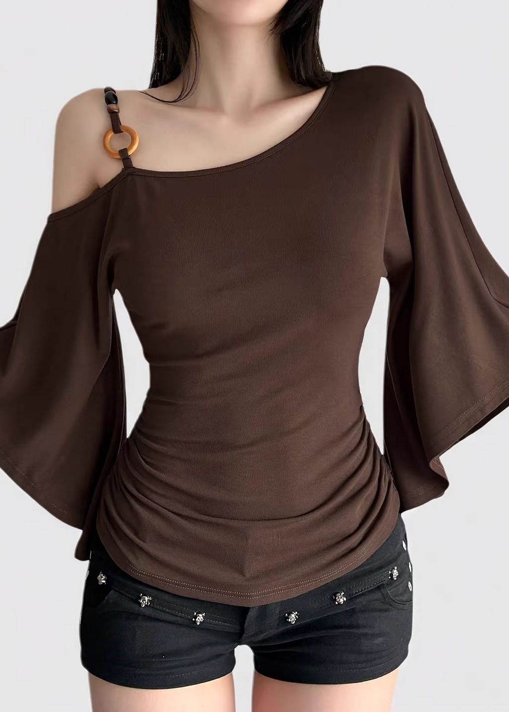 Elysian Asymmetrical Ring-Detail Flare Sleeve Top