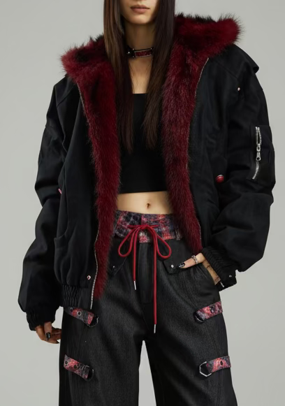 Textured Faux-Leather Puffer Jacket with Fur Collar