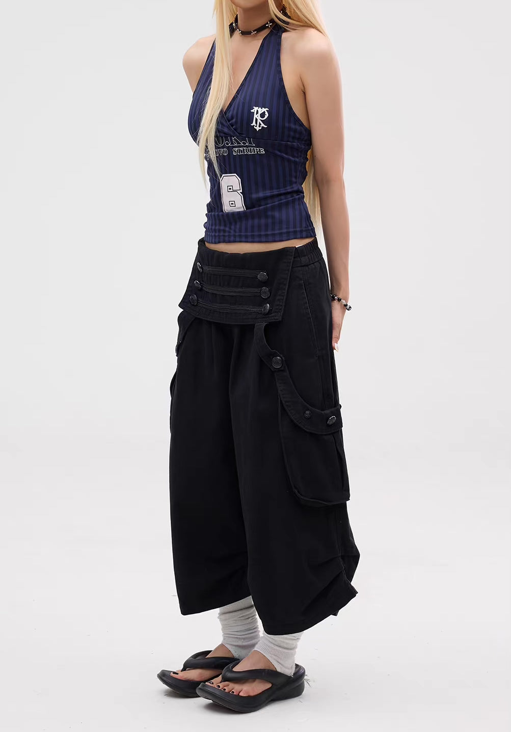 Punk Multi-Pocket Wide-Leg Cargo Capri Pants