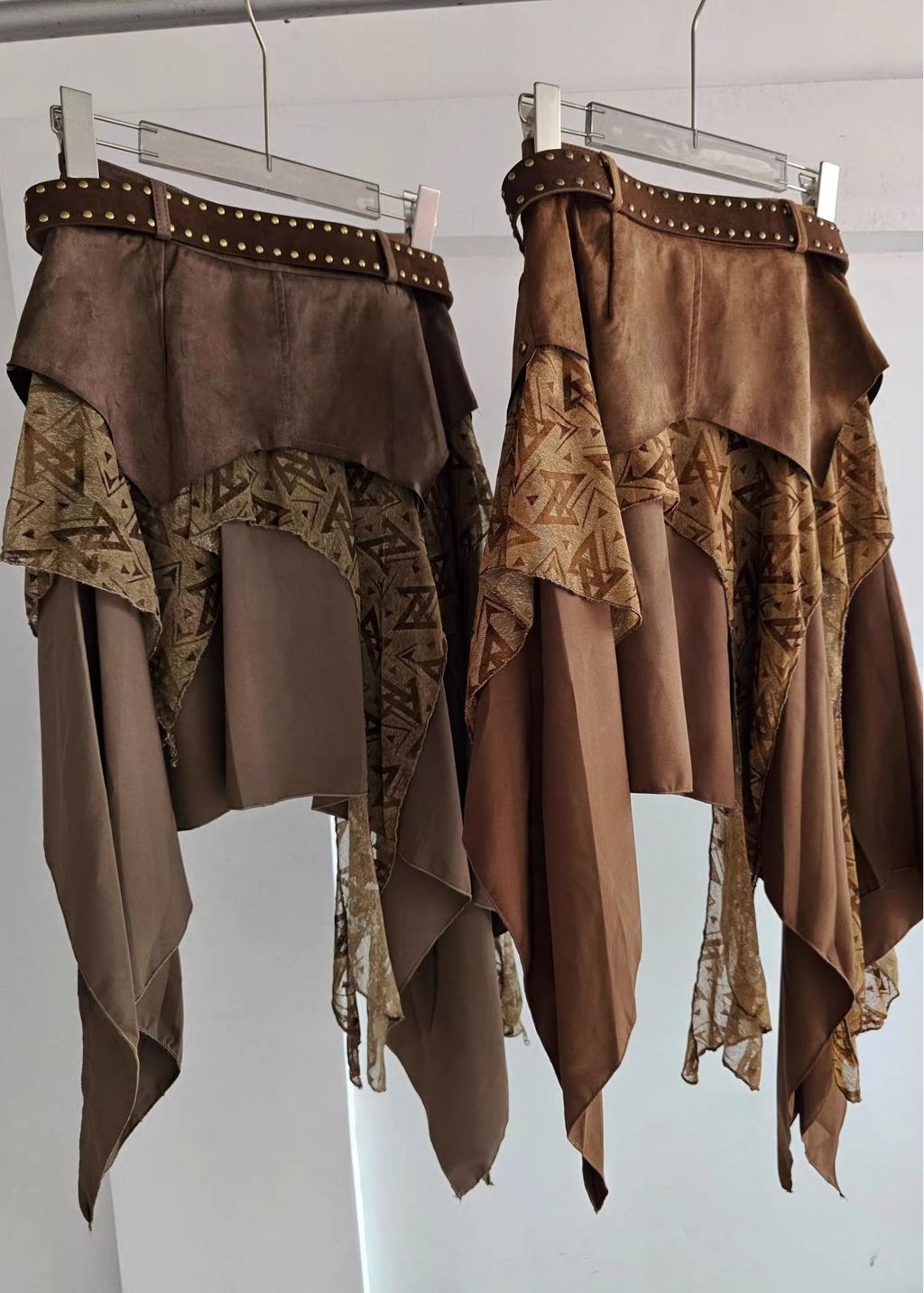 Distressed Patchwork A-Line Midi Skirt with Studded Belt