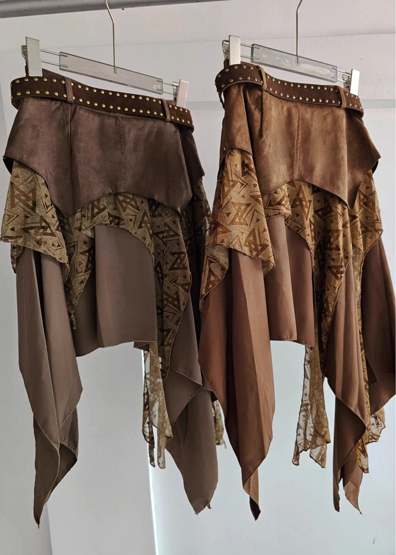 Distressed Patchwork A-Line Midi Skirt with Studded Belt