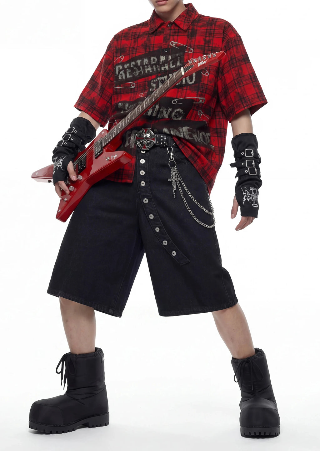 Vintage Red Plaid Safety Pin Short-Sleeve Shirt