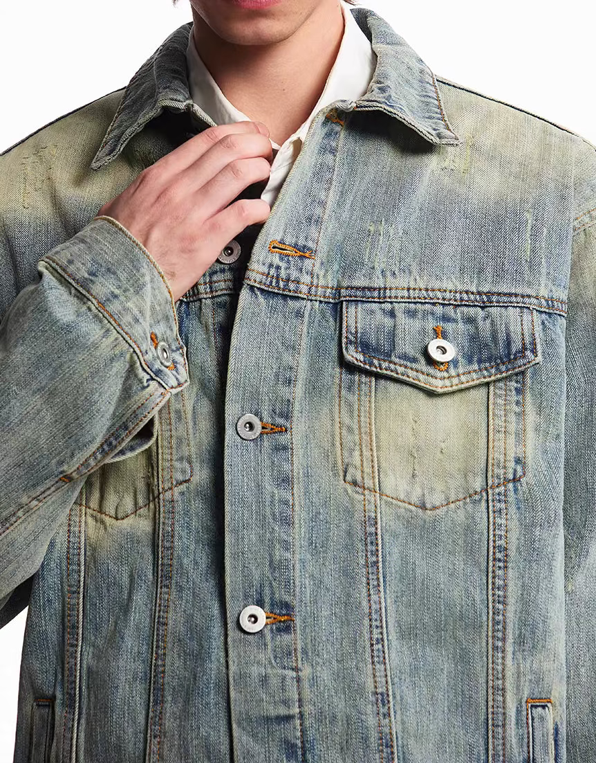 Vintage Distressed Bamboo-Pattern Zip Denim Jacket