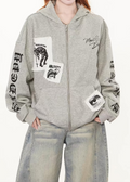 Distressed Letter Patchwork Zip-Up Hoodie