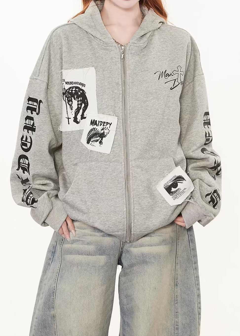 Distressed Letter Patchwork Zip-Up Hoodie