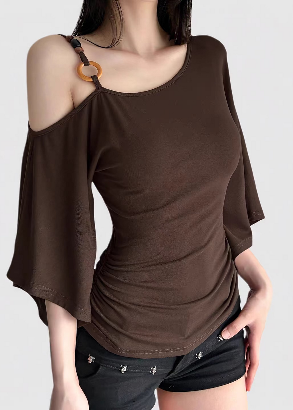 Elysian Asymmetrical Ring-Detail Flare Sleeve Top