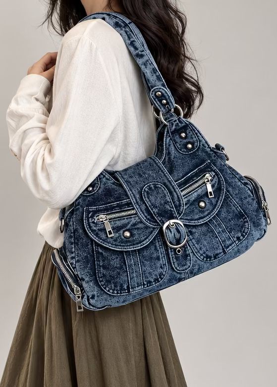 Vintage Denim Multi-Pocket Crossbody Bag