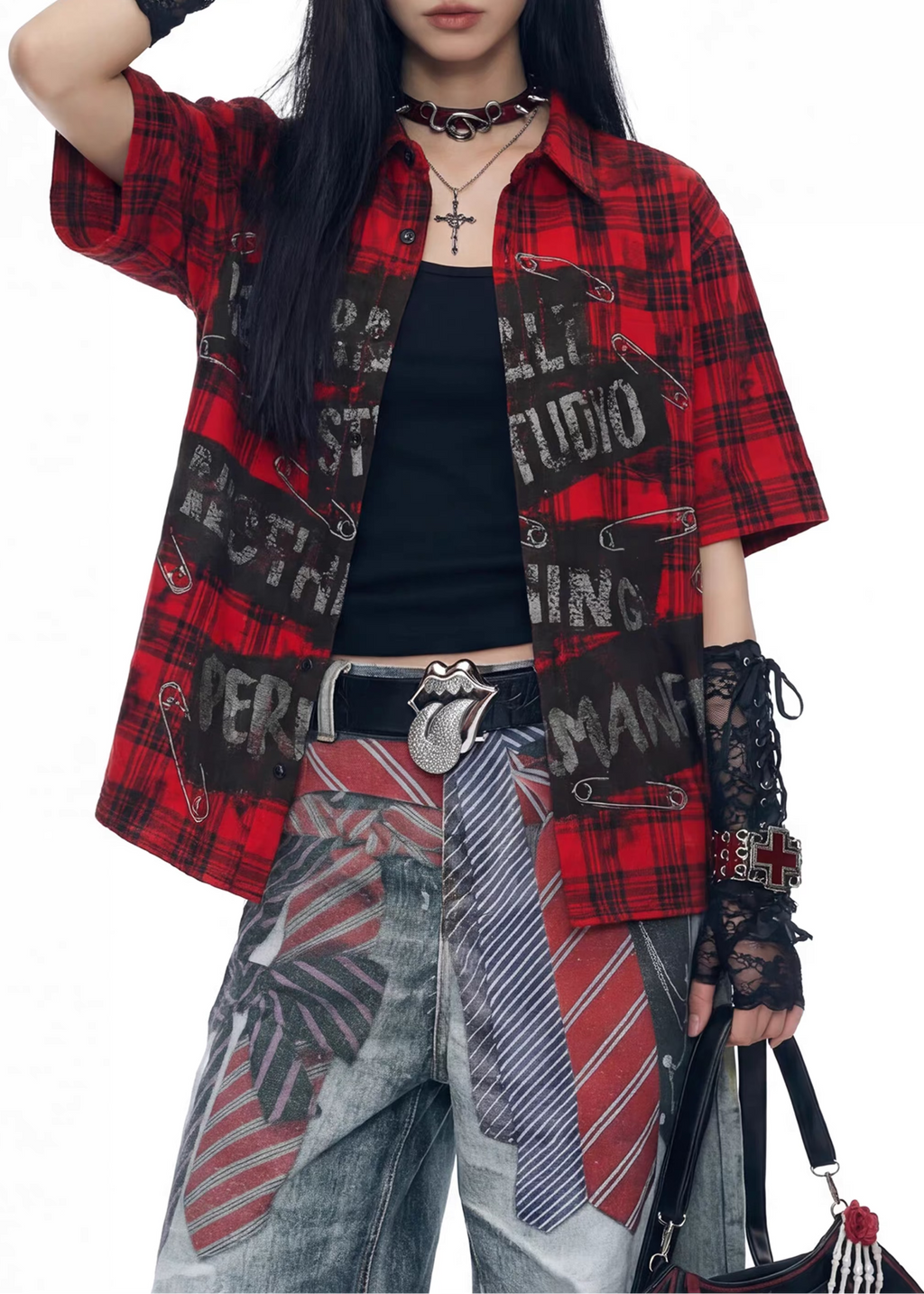 Vintage Red Plaid Safety Pin Short-Sleeve Shirt