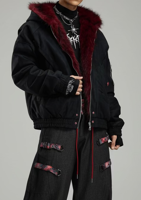 Textured Faux-Leather Puffer Jacket with Fur Collar
