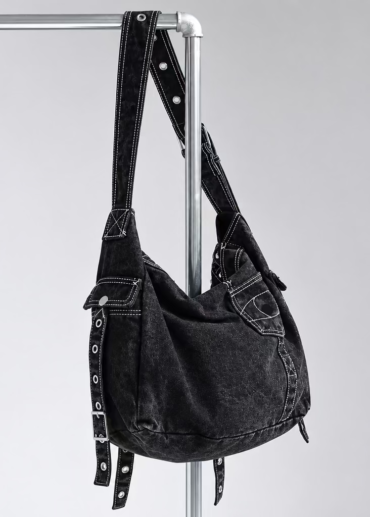 Embroidered Large Denim Hobo Tote Bag
